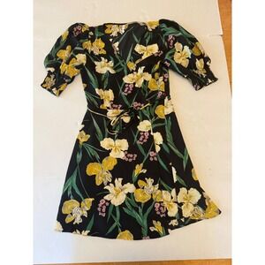 Mango Suit Women Black Floral Iris Wrap Dress Puff Sleeve V-Neck Mini Size 6